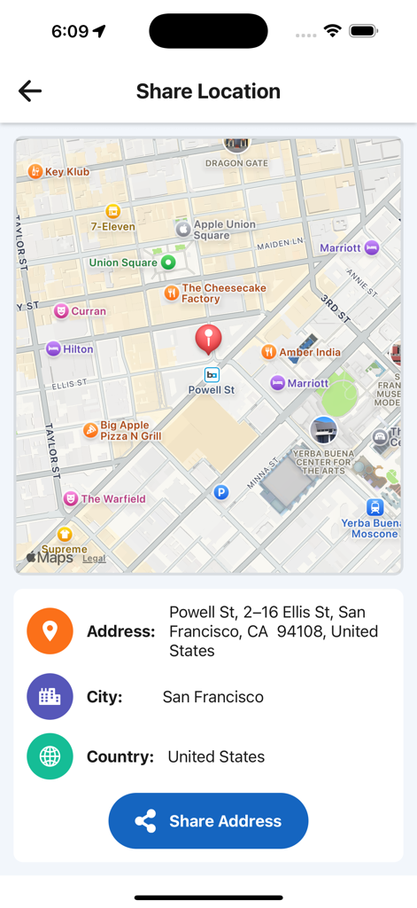 True Caller - Number Tracker - The location sharing interface of the True Caller app showing a map of San Francisco with a pin on Powell Street and details like address and city.