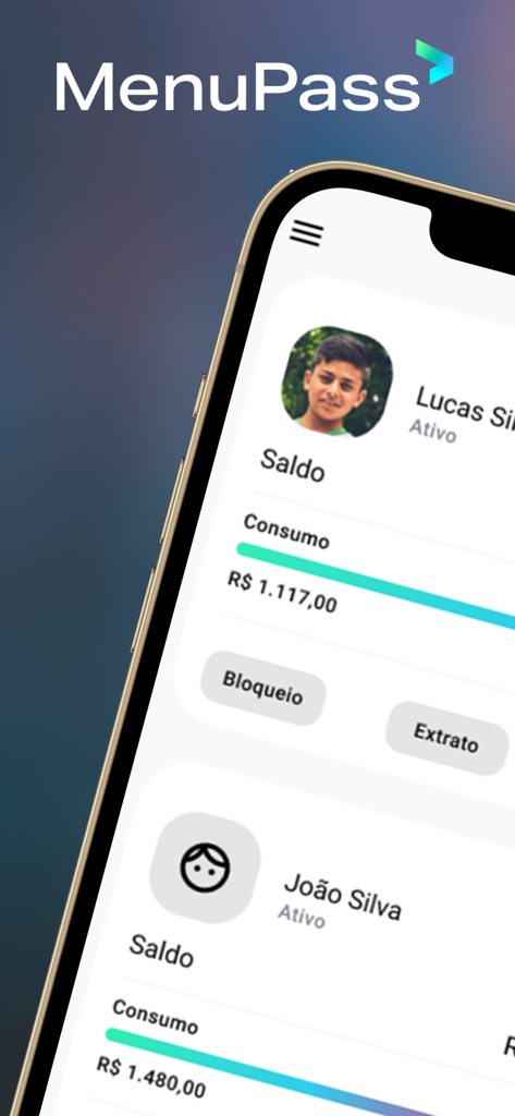 Menupass App-Bildschirm, der Studentenprofile mit Mittagsguthaben und Verbrauchsdaten zeigt