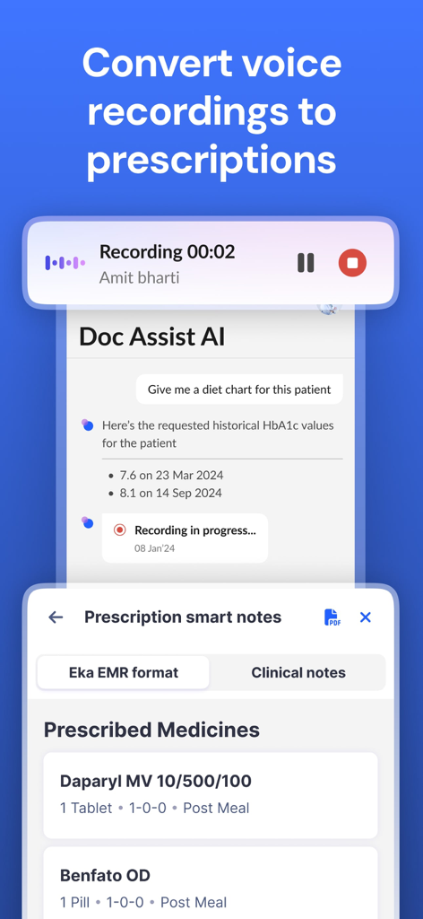 Eka Doc: AI, Scribe, EMR/EHR - Interfaz de la aplicación móvil Eka Doc que muestra la conversión de grabación de voz a recetas médicas estructuradas con scriba de IA