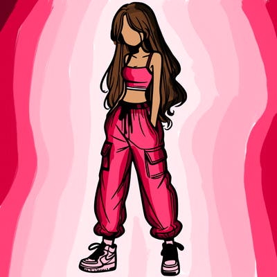 girl in baggy pants crop top and long hair