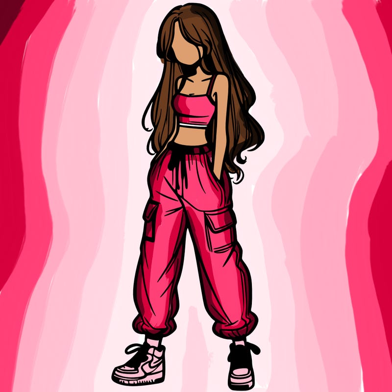 girl in baggy pants crop top and long hair