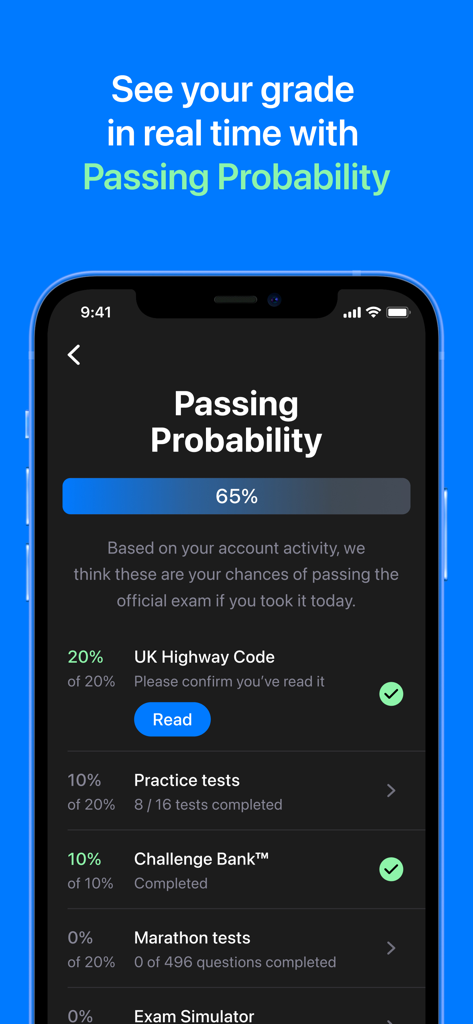 Driving Theory Test Genie™ - Captura de pantalla de la aplicación Driving Theory Test Genie que muestra una puntuación de Probabilidad de Aprobación del 65 por ciento con un desglose del progreso del estudio.
