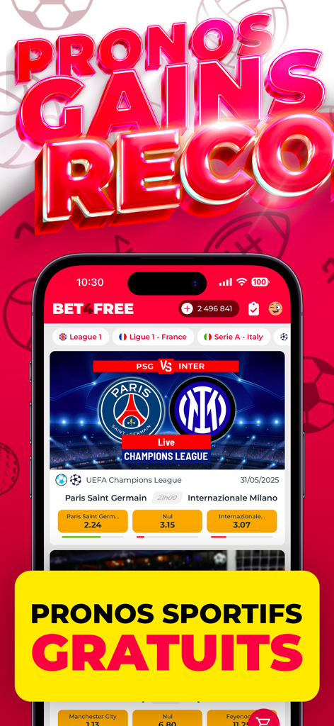 BET4FREE app interface showing a live soccer match prediction between PSG and Inter with free betting odds