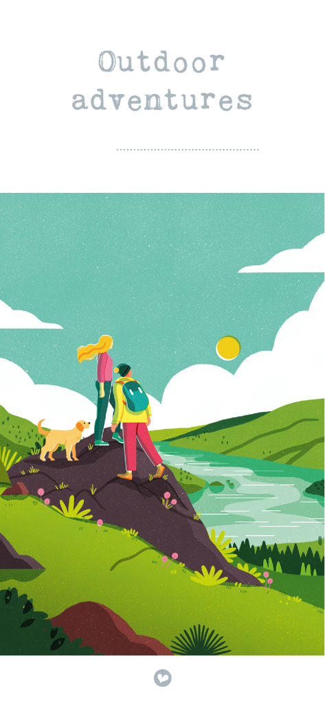 The Simple Things Magazine - An illustration of two hikers and their dog overlooking a river in a mountain landscape titled Outdoor adventures