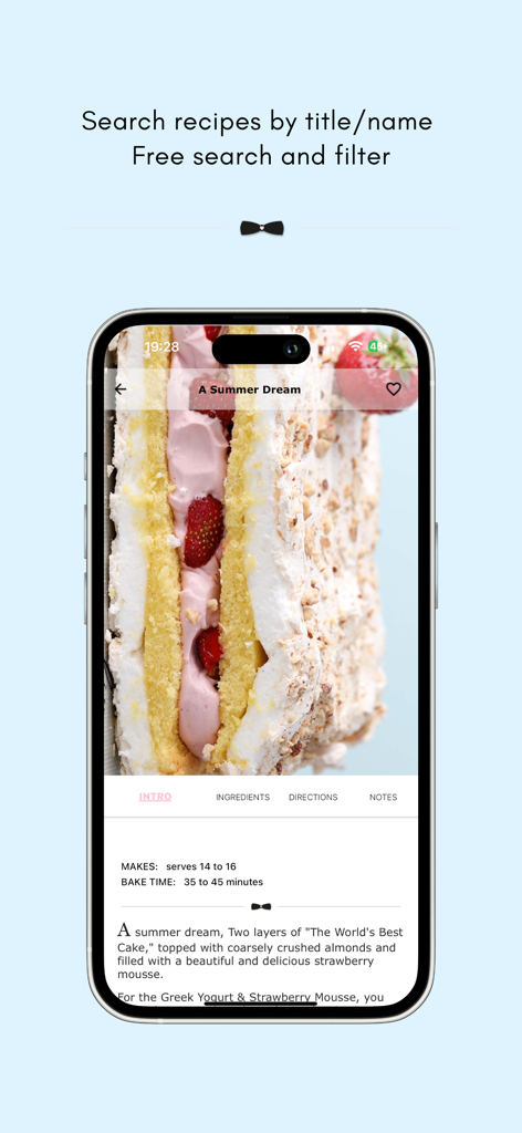 Interface of the Love Manuela baking app showing a search feature and a detailed recipe for a summer dream cake