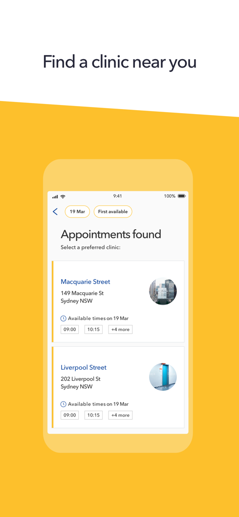 Mobile app screen showing a list of dental clinics and available appointment times