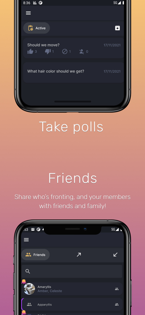 Simply Plural App-Screenshots, die interne Systemumfragen und die Freundschafts-Sharing-Oberfläche für Fronting-Updates zeigen.