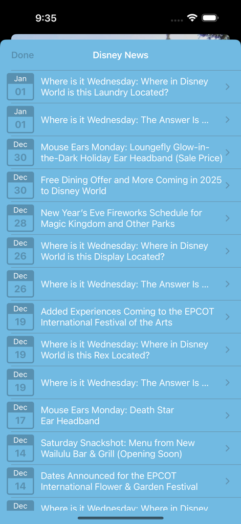 Countdown for Disney - Una lista de artículos de noticias y curiosidades de Disney dentro de la aplicación.