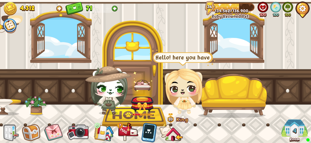 Happy Pet Island - Two cute pet characters socializing in a decorated room with a yellow couch and a welcome mat in Happy Pet Island.