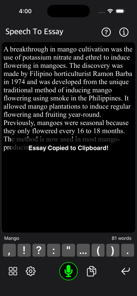 Speech To Essay app interface with a notification saying Essay Copied to Clipboard
