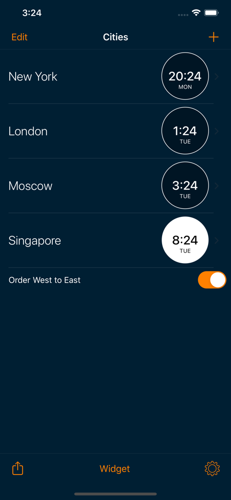 World Clock - Local Time - World Clock app interface showing current times for New York, London, Moscow, and Singapore with day and night indicators