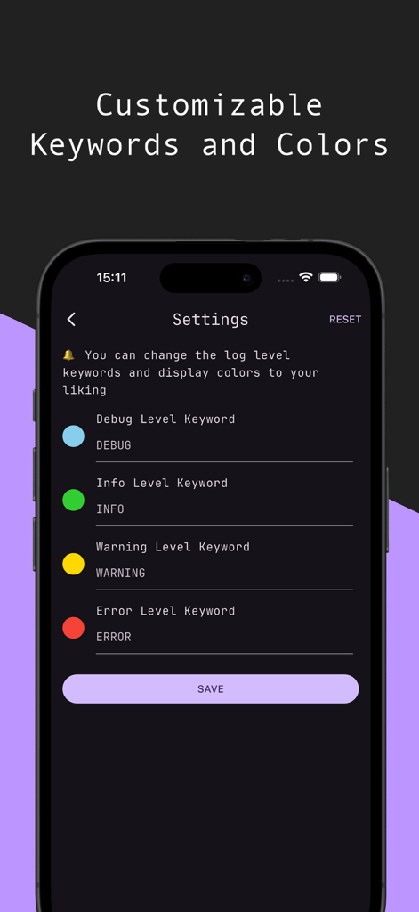 LogViewer - App Log Viewer - Pantalla de configuración de LogViewer para personalizar palabras clave y colores de nivel de registro