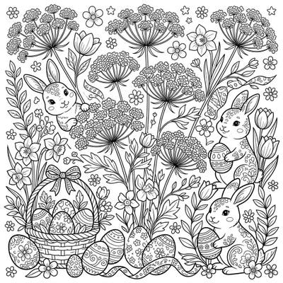 Discover the magic of spring with this beautiful Easter coloring page, featuring charming bunnies amidst delicate Queen Anne's Lace. This intricate design promises hours of relaxing and creative coloring for all ages.