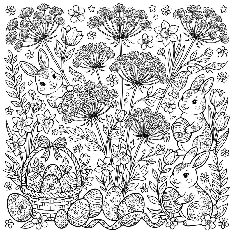 Discover the magic of spring with this beautiful Easter coloring page, featuring charming bunnies amidst delicate Queen Anne's Lace. This intricate design promises hours of relaxing and creative coloring for all ages.