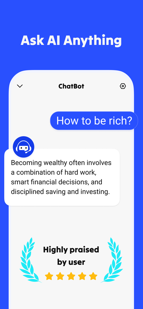 Interfaz de chatbot de IA que muestra una pregunta sobre cómo ser rico y una insignia de calificación de usuario de cinco estrellas