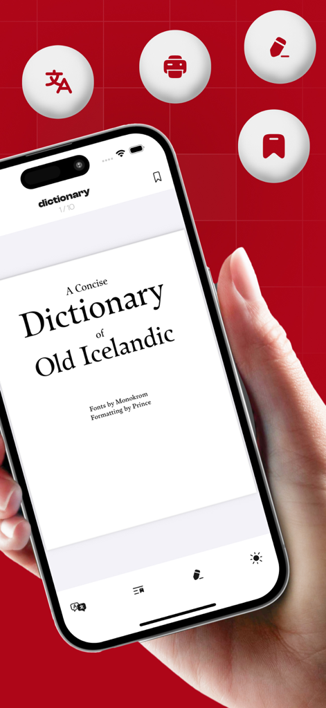 PDF Converter: Editor, Scanner - A hand holding an iPhone displaying a PDF document with various editing and translation tool icons on a red background.