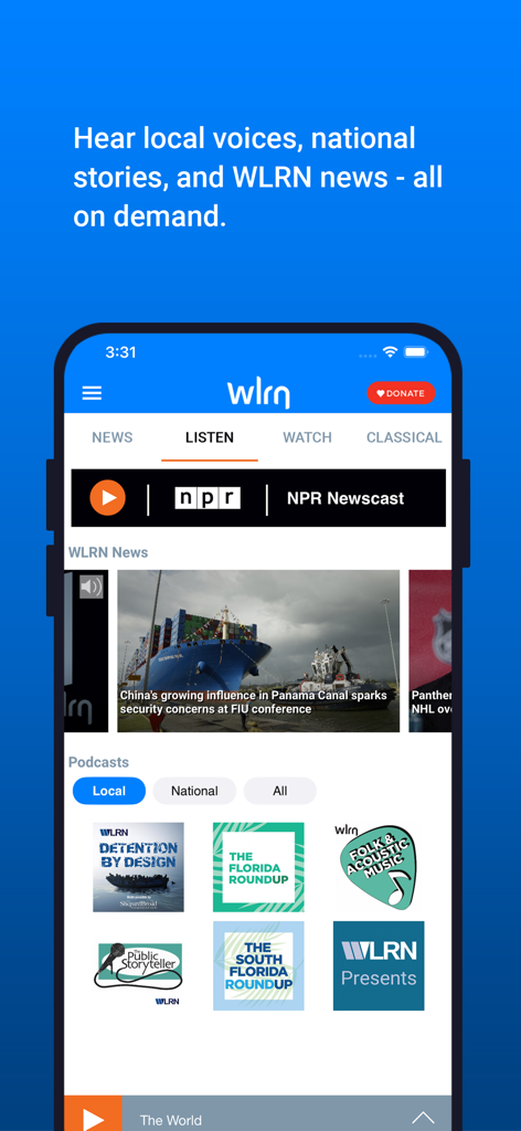 WLRN Public Media - WLRN app interface showing the listen tab with an NPR newscast player and a list of local South Florida podcasts