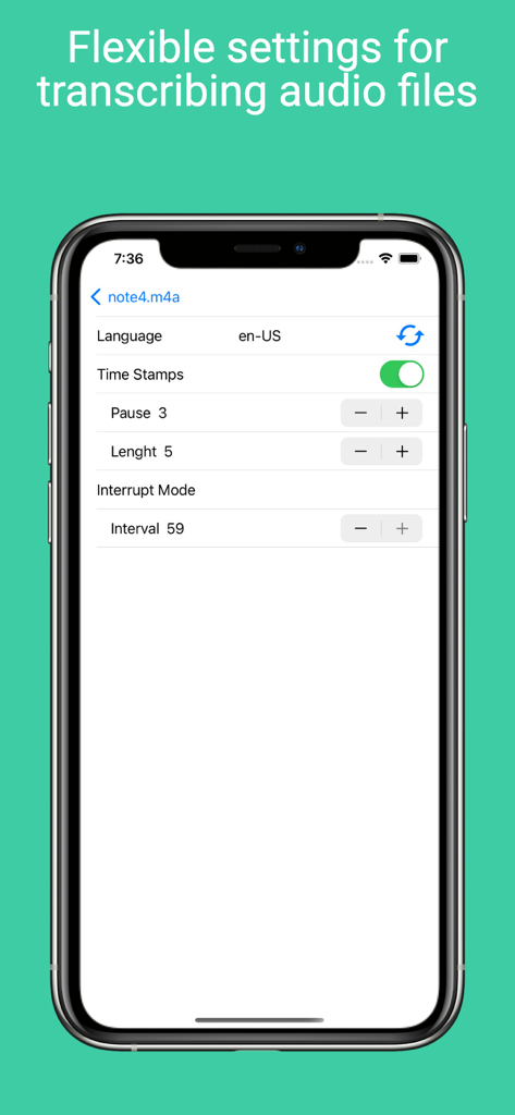 Voice Notebook - audio to text - Pantalla de configuración de la aplicación Voice Notebook que muestra opciones de marcas de tiempo, idioma e intervalos de transcripción de audio