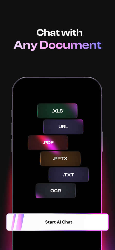 AIを使用してさまざまなドキュメントタイプとチャットするオプションを表示するスマートフォンの画面。