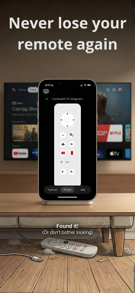 Remote control GTV ATV - iPhone exibindo uma interface de controle remoto virtual para Google TV