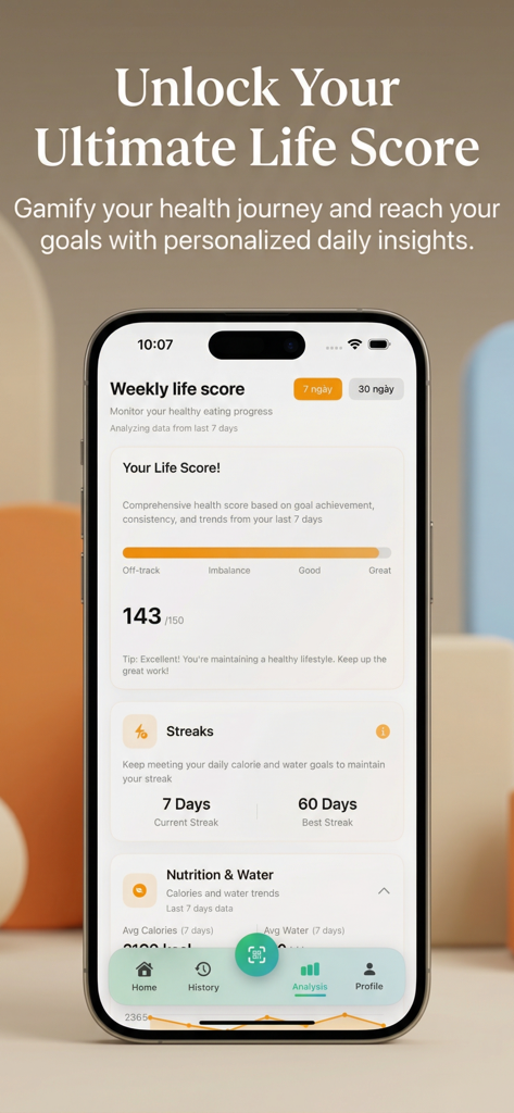 Nutrix AI: Calories Tracker - Panel de seguimiento de salud de Nutrix AI mostrando la puntuación de vida semanal y rachas de objetivos