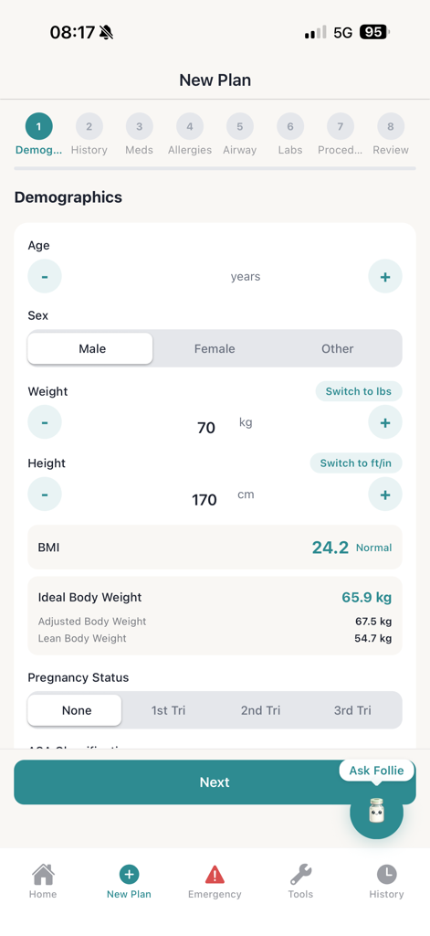 Follie - Anesthesia Assistant - Patient demographics and BMI calculator screen in the Follie anesthesia assistant app