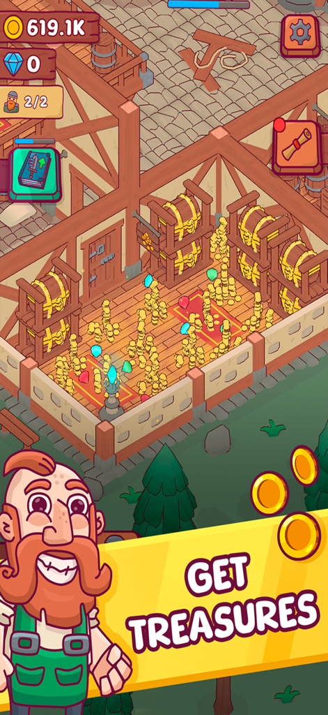 Heroes Tavern: Idle Pub Tycoon - Treasure vault filled with gold coins and chests in Heroes Tavern Idle Pub Tycoon