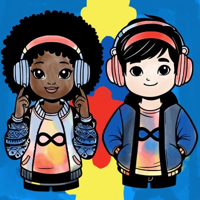an afroamerican girl with headphones and a boy with headphones, they have an ♾️ symbol on their shirt