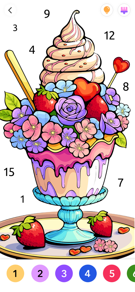Digital color by number illustration of an ice cream sundae decorated with flowers and strawberries in the Paint.ly app