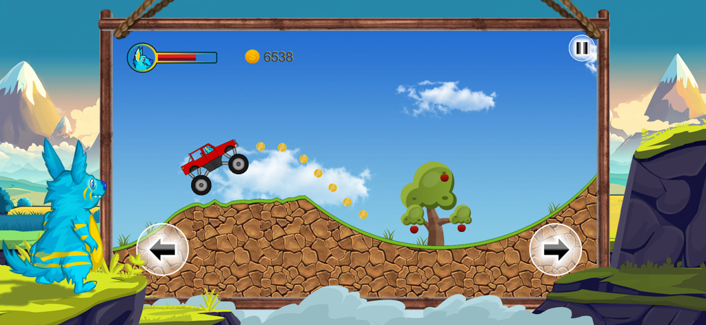 Molly Platformer: Super Runner - Gameplay of Molly Platformer Super Runner featuring a red monster truck jumping over hills and collecting gold coins.