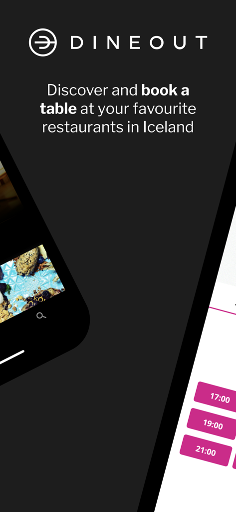 Dineout Iceland app interface for discovering and booking restaurant tables.