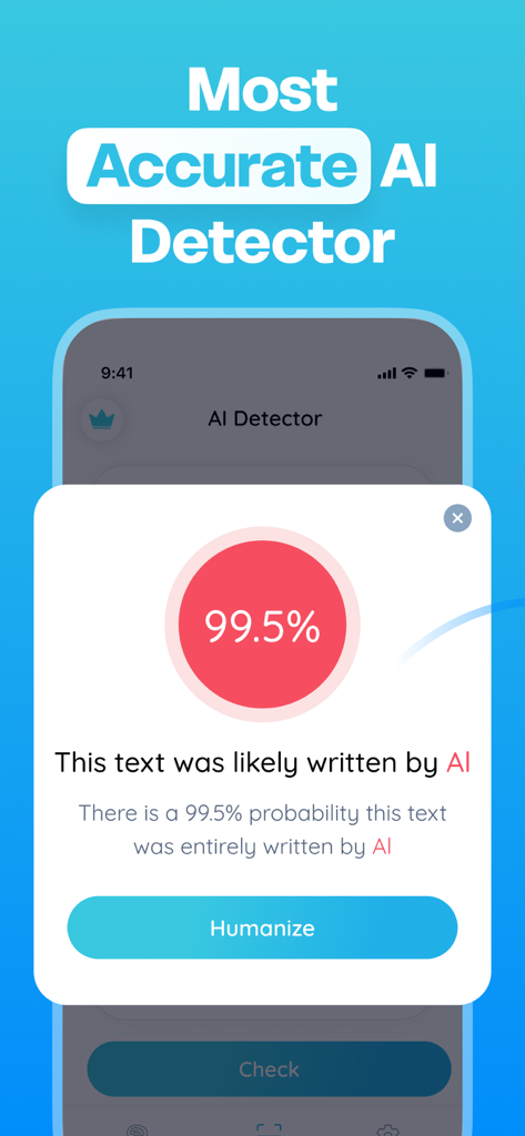 Humanize AI Text & AI Detector - Interfaccia dell'app mobile che mostra un punteggio di rilevamento AI del 99,5% con un pulsante per umanizzare il testo.