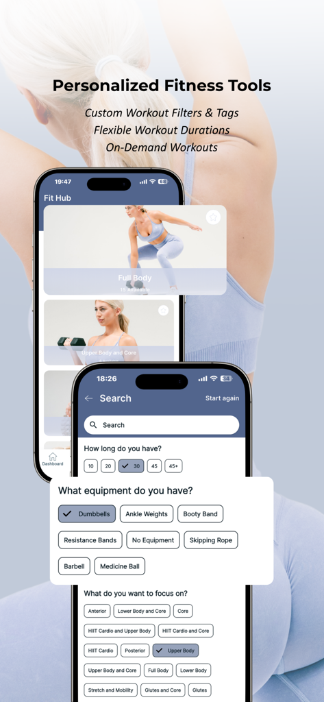 ON-DMND - Interface de l'application ON-DMND affichant des filtres d'entraînement personnalisés pour la durée et la sélection de l'équipement