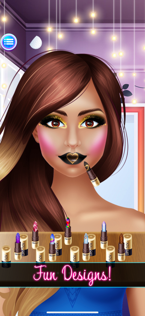 A character in a makeup game with black and gold lipstick and a variety of colorful lipstick options