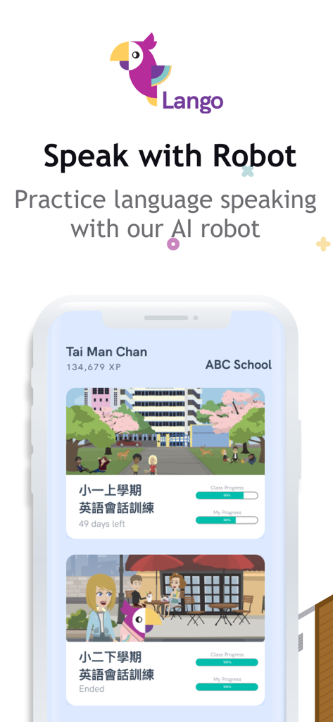Lango School - Lango School mobile app interface for AI English speaking practice through role play scenarios