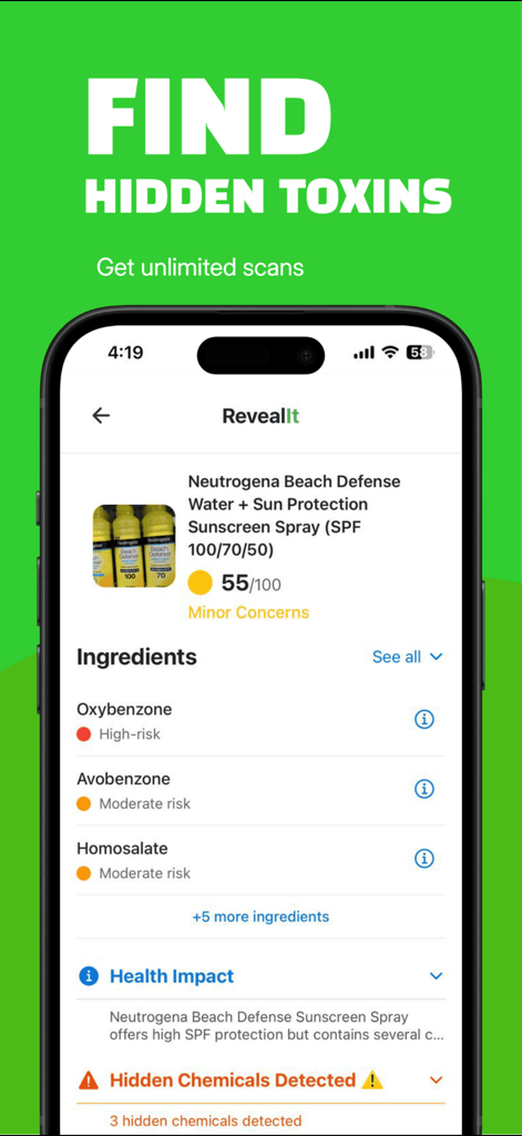 Reveal it - Product Scanner - Reveal it app interface showing a health safety score and ingredient risk analysis for a sunscreen product