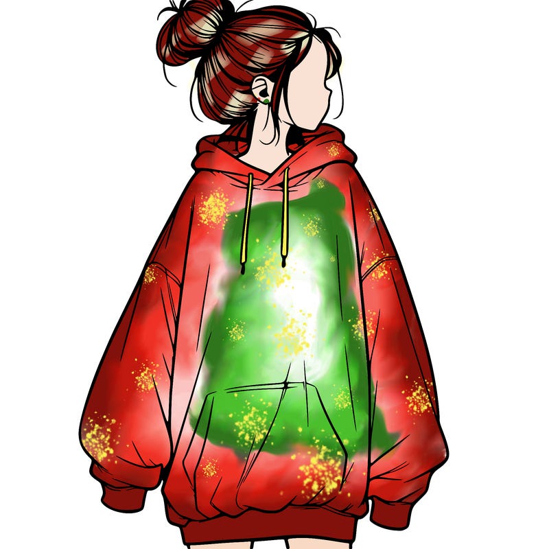 realistic girl with a oversized sweatshirt on and a bun