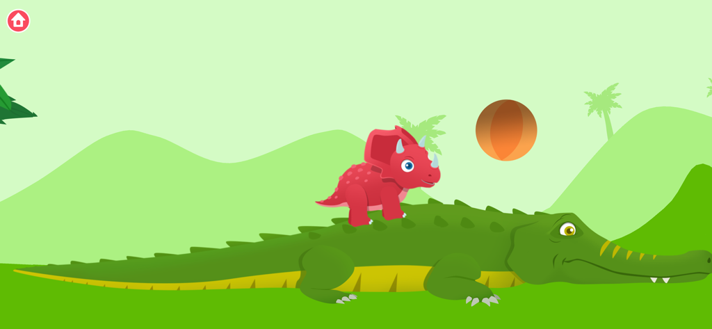 Dinosaur Park - Games for kids - カートゥーンの風景で、大きな緑のワニの背中に乗っている小さな赤いトリケラトプス。