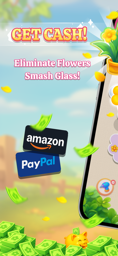 Frenzy Screw Puzzle game screen showing cash rewards with Amazon and PayPal logos amidst floating money and flowers.