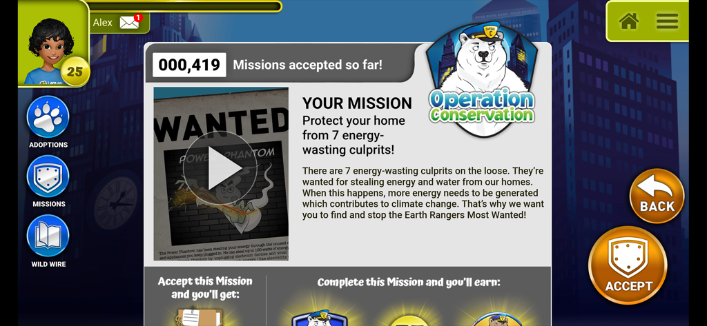 Earth Rangers - Earth Rangers app mission screen showing the Operation Conservation challenge to save energy at home