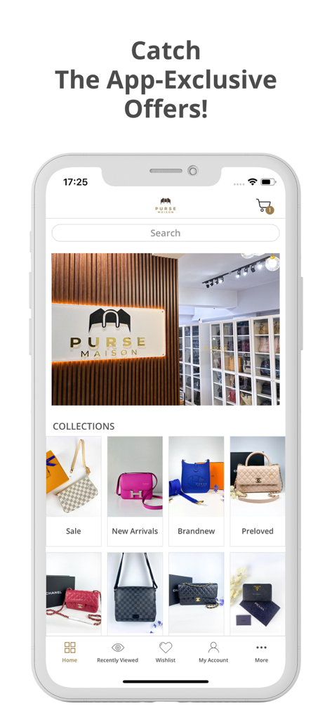 Purse Maison mobile app interface featuring luxury handbag collections and exclusive offers