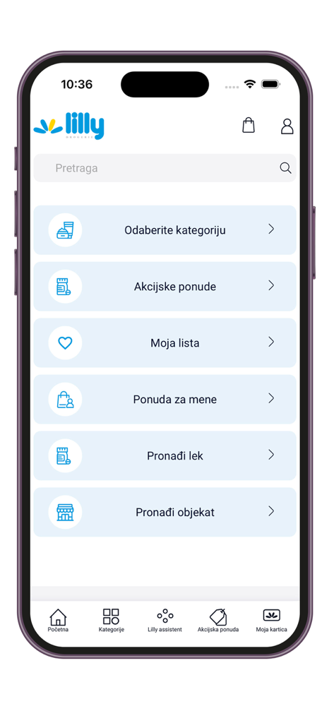 Lilly Drogerie mobile app home screen with Serbian navigation menus for shopping and health services