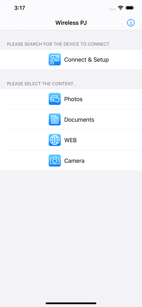Panasonic Wireless Projector - The home screen of the Panasonic Wireless Projector app showing device setup and content selection options for photos and documents