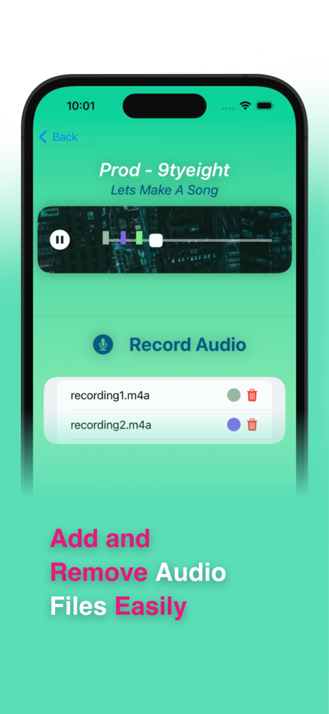 Song Maker: Sing & Make Music - Interface of Song Maker app showing the audio recording feature and a list of recorded tracks with delete options.