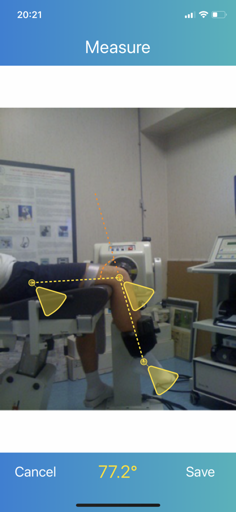 DrGoniometer - DrGoniometer app interface showing a knee joint measurement of 77.2 degrees
