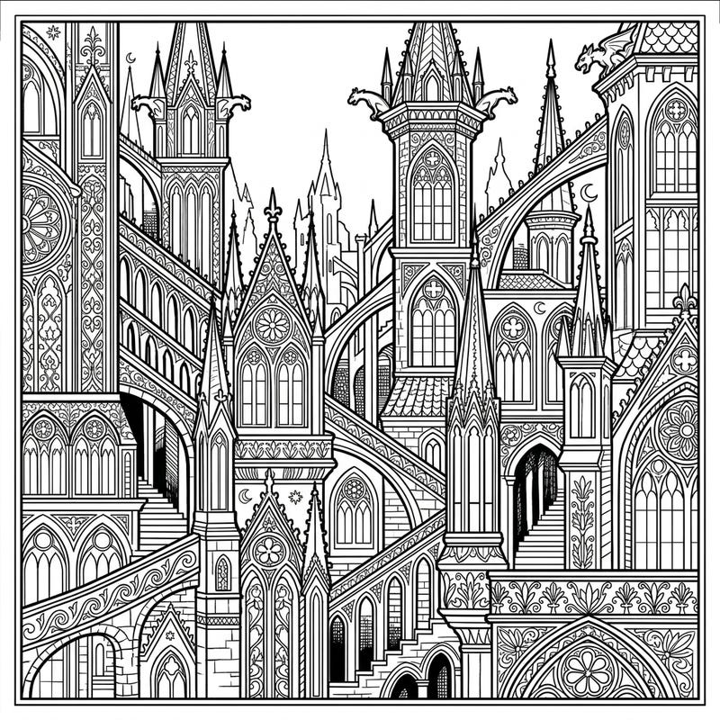 Unleash your creativity with this exquisite Gothic architectural art coloring page. Immerse yourself in a world of intricate spires, arches, and ornate details awaiting your personal touch.