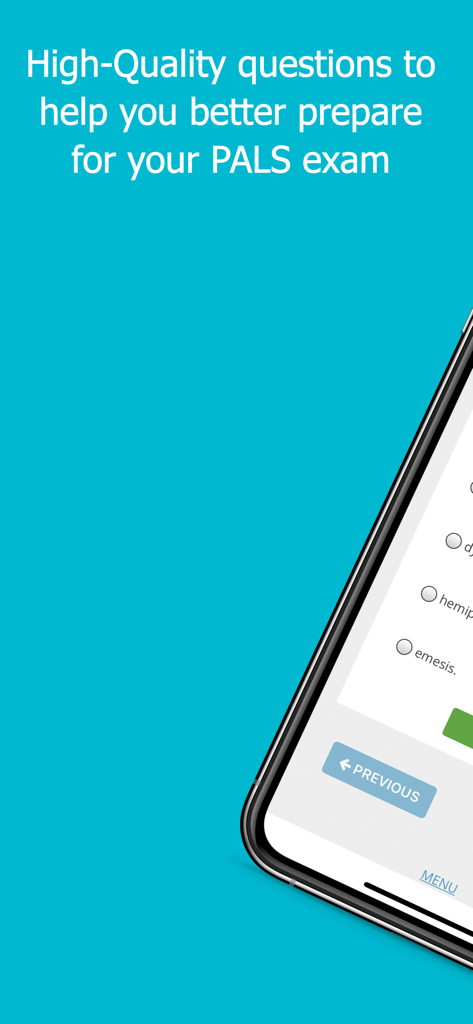 Med Term Review - Smartphone screen showing medical terminology quiz questions for PALS exam preparation