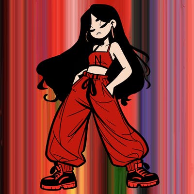 girl in baggy pants crop top and long hair