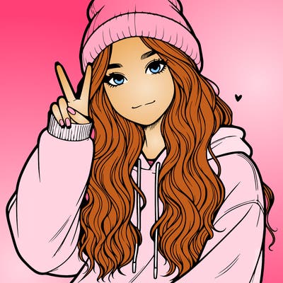 a teenage girl in a beanie, oversized sweatshirt, wavy long hair, and is showing a ✌️