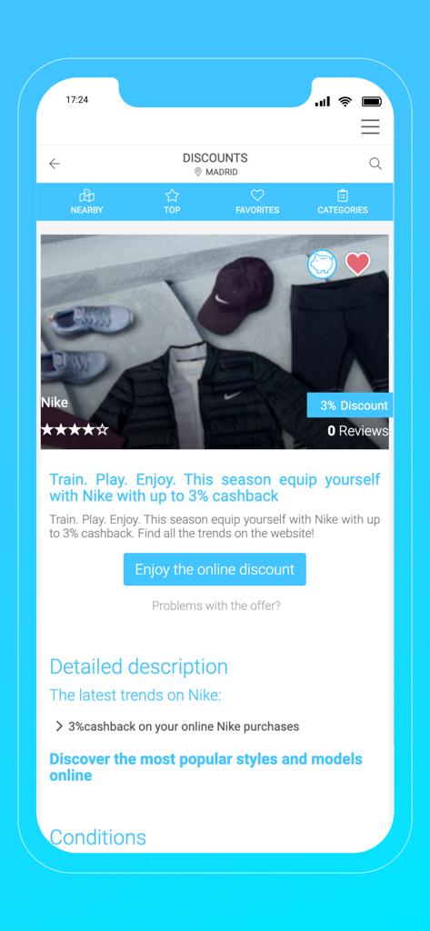 나이키 제품에 대한 3% 캐시백 할인을 표시하는 IBenefits 앱의 스마트폰 스크린샷